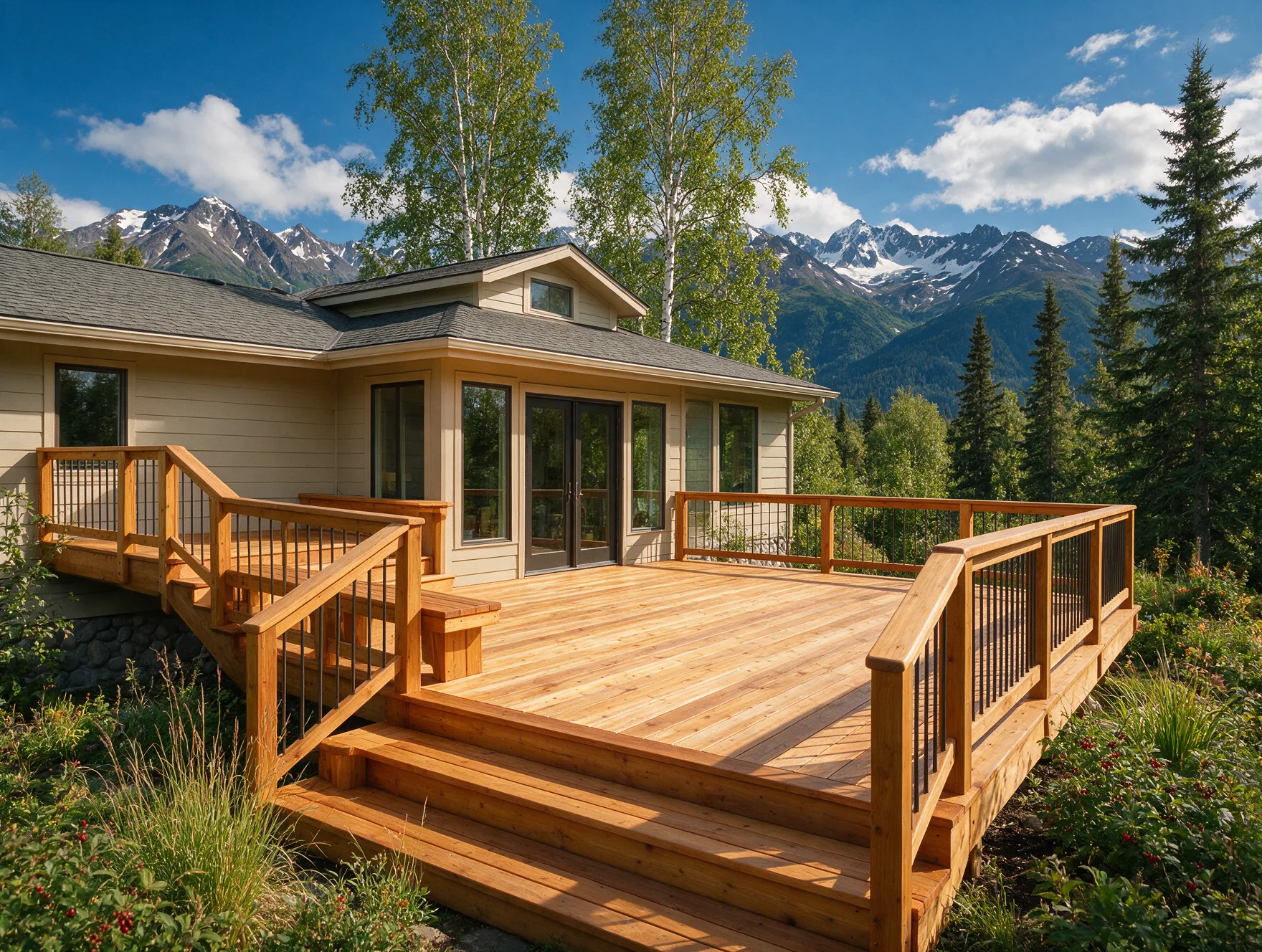 Illustrative timber deck beside an Alaska home