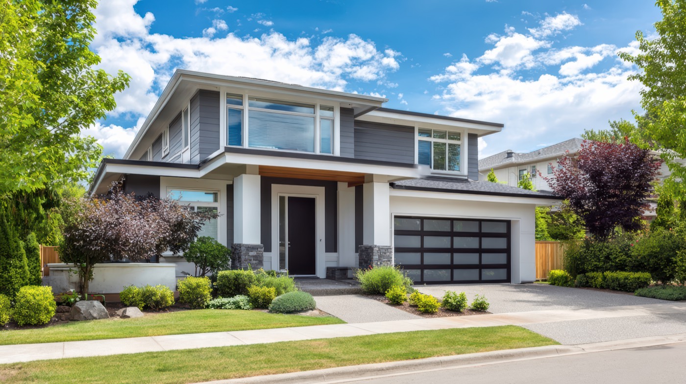 Illustrative garage door and residential exterior