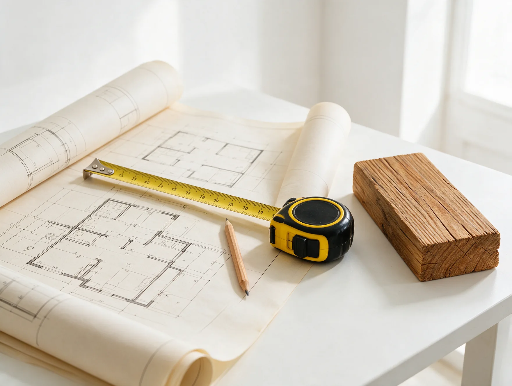 Illustrative plans and materials on a construction worktable