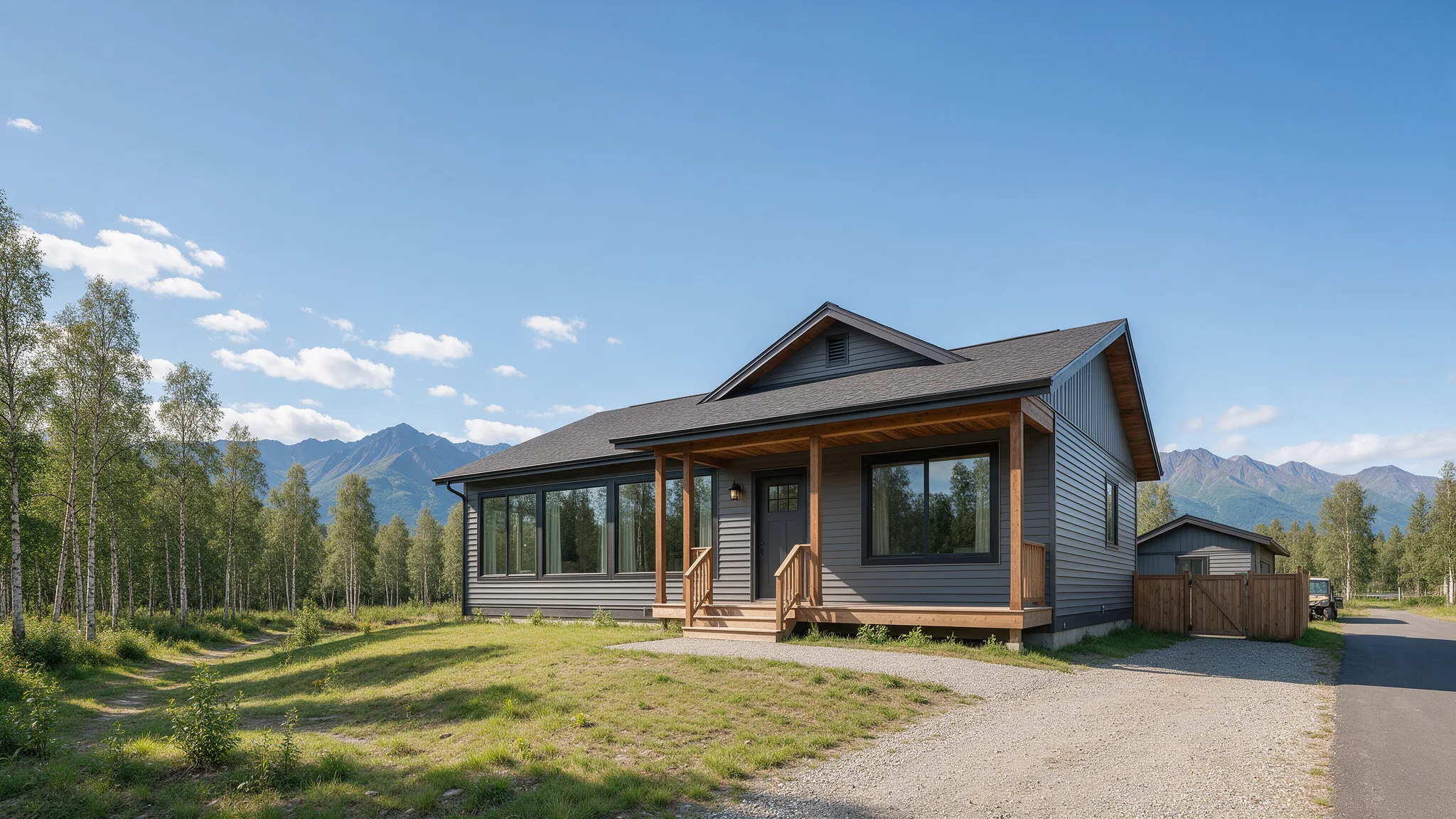 Illustrative contemporary Alaska home with mountains beyond