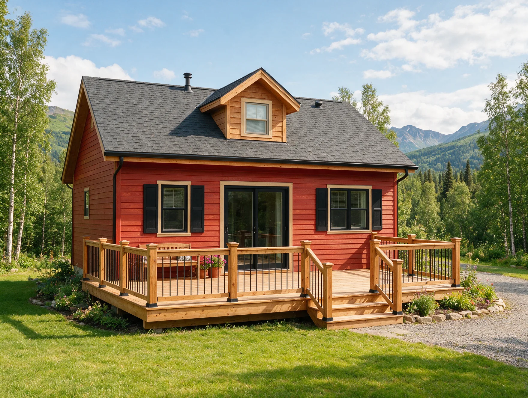 Illustrative Alaska house exterior with wood siding and a deck